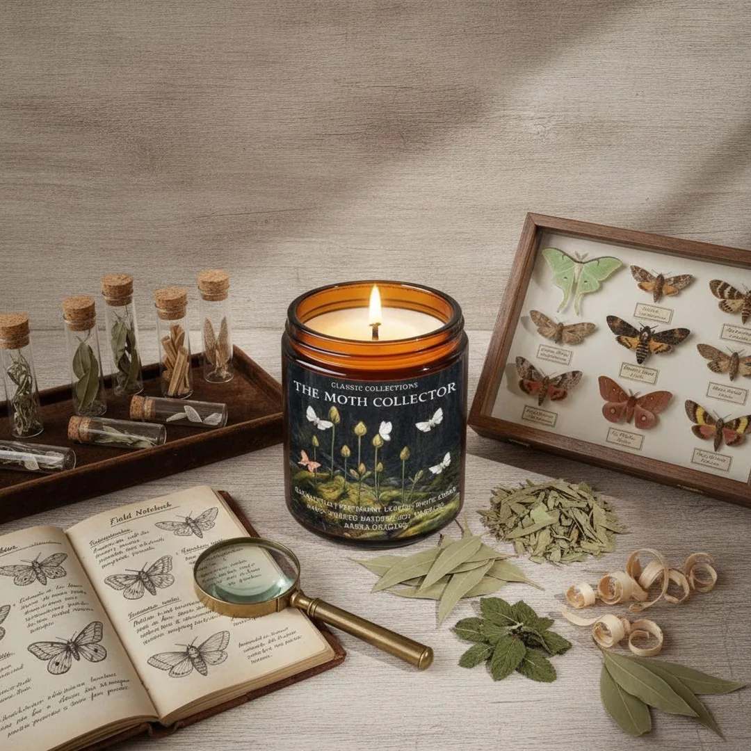 A lit amber candle among a moth specimen frame, a field notebook, and dried botanicals.