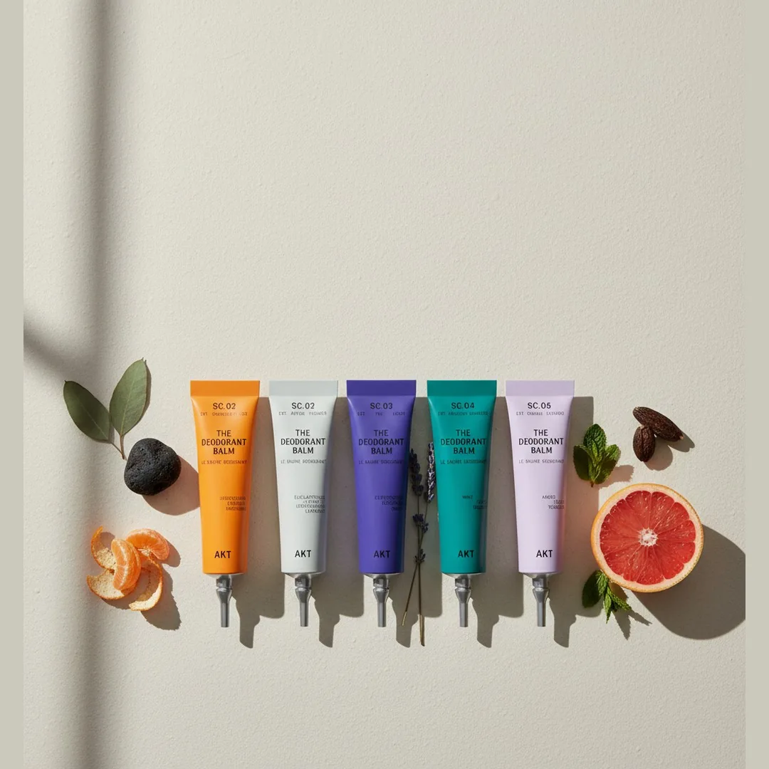 Five colorful balm tubes laid in a row with citrus, mint, and charcoal props on a pale surface.