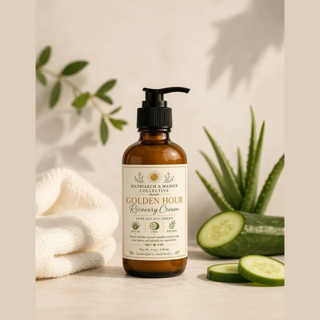 A pump bottle of recovery cream beside sliced aloe, cucumber, and a folded towel.