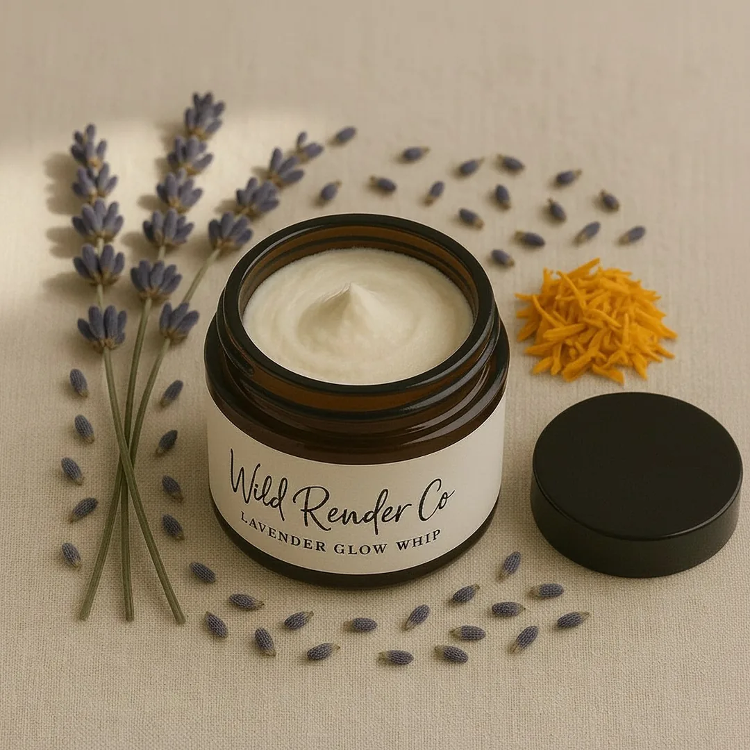 An amber jar of whipped lavender balm ringed by dried lavender stems and a marigold.