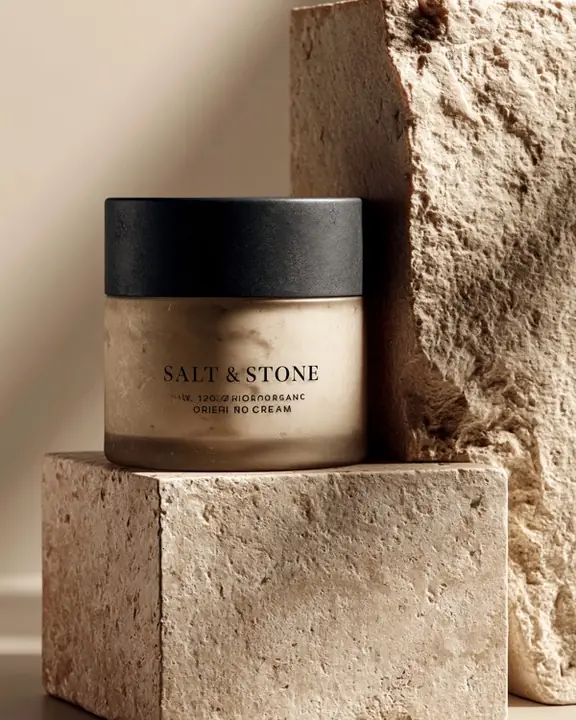 Organic cream jar standing on a stone plinth