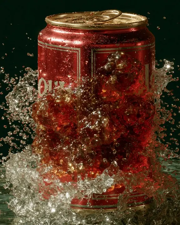 A soda can bursting with liquid, shot for vertical video