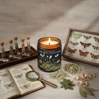 A generated post: a lit candle among botanical objects.